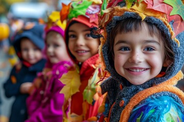 Fototapeta premium Smiling Child in Autumn-Themed Costume with Friends