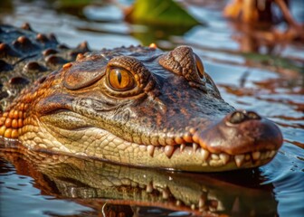 Fototapeta premium Crocodile Lurking in a Swamp A crocodile partially submerged in murky swamp water, only its eyes and snout visible as it silently waits for prey.