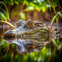 Obraz premium Crocodile Lurking in a Swamp A crocodile partially submerged in murky swamp water, only its eyes and snout visible as it silently waits for prey.