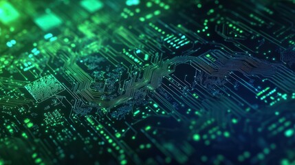 Digital technology banner green blue background, created by ai generated