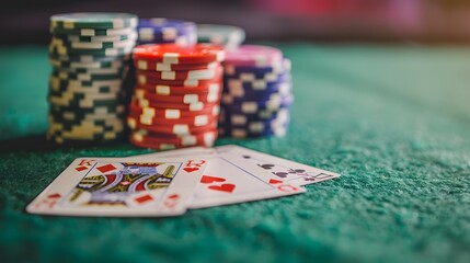 Cards and Chips: A poker scene with playing cards and a stack of colorful poker chips on a green felt table. 

