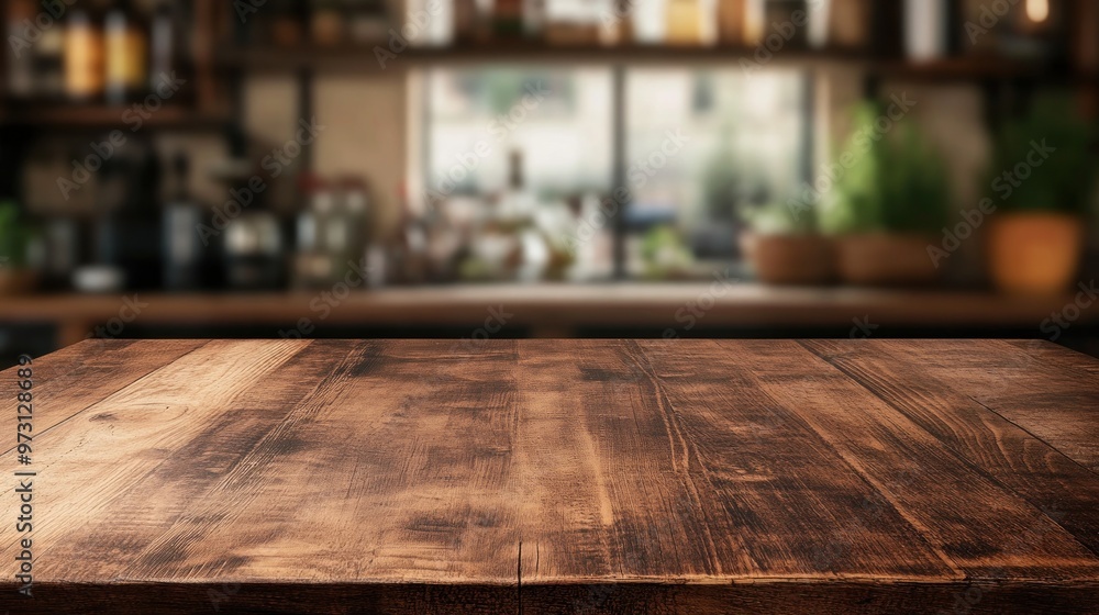 Canvas Prints A wooden tabletop in a cozy café setting, inviting for dining or socializing.