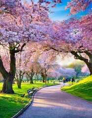 Lavish Cherry Blossom Trees in Full Bloom, Transforming Park into a Pink Wonderland