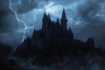 A Silhouetted Gothic Castle Under a Stormy Sky