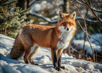 Obraz premium Fox in a Winter Landscape A fox standing alert in a snowy landscape, surrounded by white snow and barren trees, symbolizing adaptability and survival.