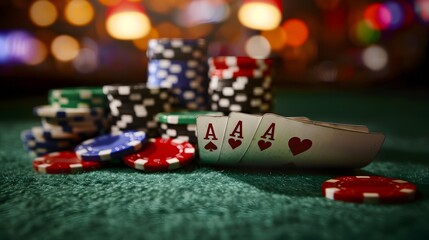 Obraz premium Cards and Chips: A poker scene with playing cards and a stack of colorful poker chips on a green felt table. 