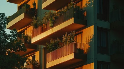Fototapeta premium A modern building with balconies adorned with plants, illuminated by warm sunlight.