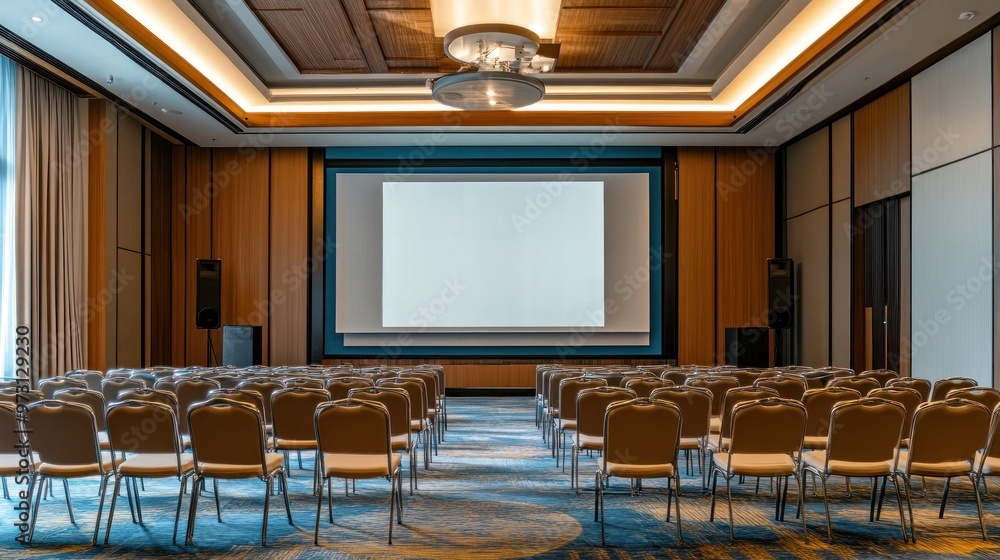 Poster a conference room setup with rows of chairs facing a blank projection screen.