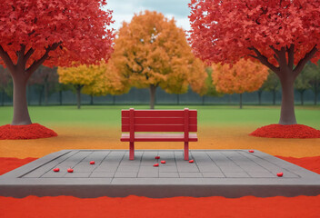 Serene Autumn Park Scene Featuring a Red Bench Surrounded by Vibrant Red and Orange Foliage with Fallen Petals on a Concrete Platform
