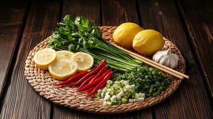 A HighAngle Still Life of Fresh Herbs Lemons and Chili Peppers on a Wicker Mat