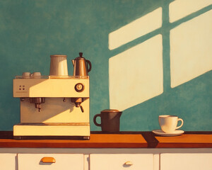 A cozy kitchen scene featuring a vintage espresso machine, coffee pot, and cup, illuminated by soft sunlight.