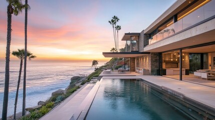 Obraz premium Modern coastal home with an infinity pool overlooking the ocean at sunset.