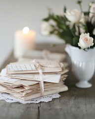 Vintage-Inspired Romantic Valentines Day Setting Antique Letters, Roses, Candlelight, and Lace on Wooden Table
