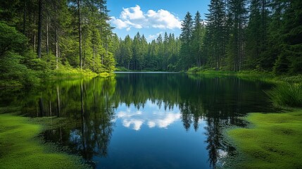 Tranquil Forest Lake with Reflection of Clear Sky - Peaceful Nature Scene with Tall Pines and Mossy Shoreline