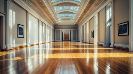Obraz premium A spacious art gallery with wooden flooring and natural light illuminating the walls.