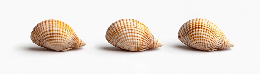 Fototapeta premium Three Brown White Seashells Aligned on White Background A Minimalist Composition of Natural Beauty