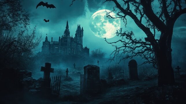 Graveyard cemetery to castle In Spooky scary dark Night full moon and bats on dead tree. Holiday event halloween banner background concept.