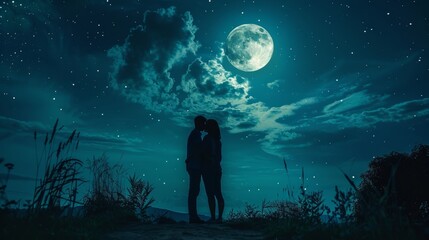 Obraz premium A serene night under the moonlight a couple embracing love and happiness together
