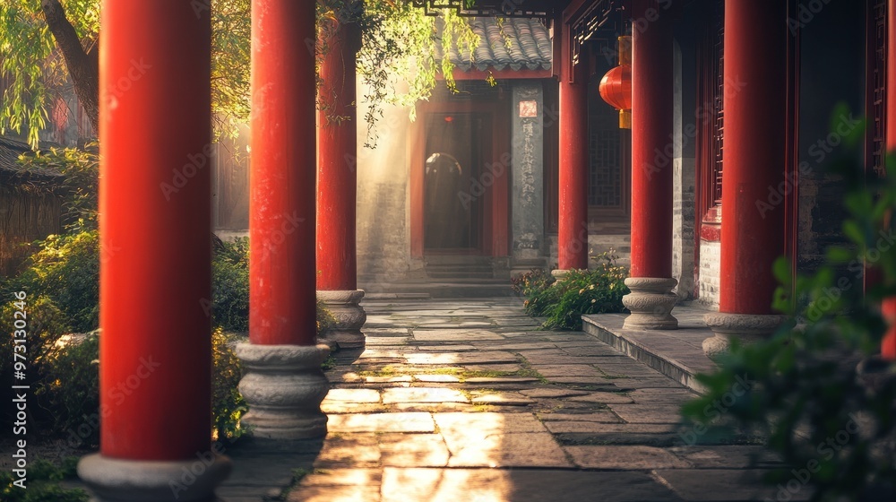 Canvas Prints A serene pathway lined with red columns in a traditional setting, illuminated by soft light.