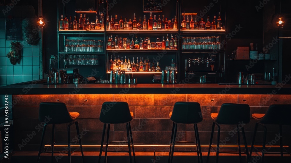 Aufkleber a dimly lit bar with shelves of various bottles and empty stools.