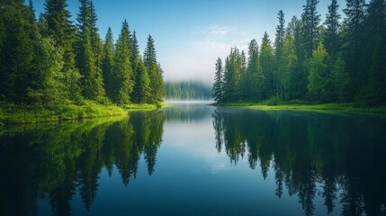 Obraz premium Misty Forest River at Dawn