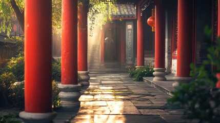 A serene pathway lined with red columns in a traditional setting, illuminated by soft light.