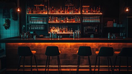 A dimly lit bar with shelves of various bottles and empty stools.