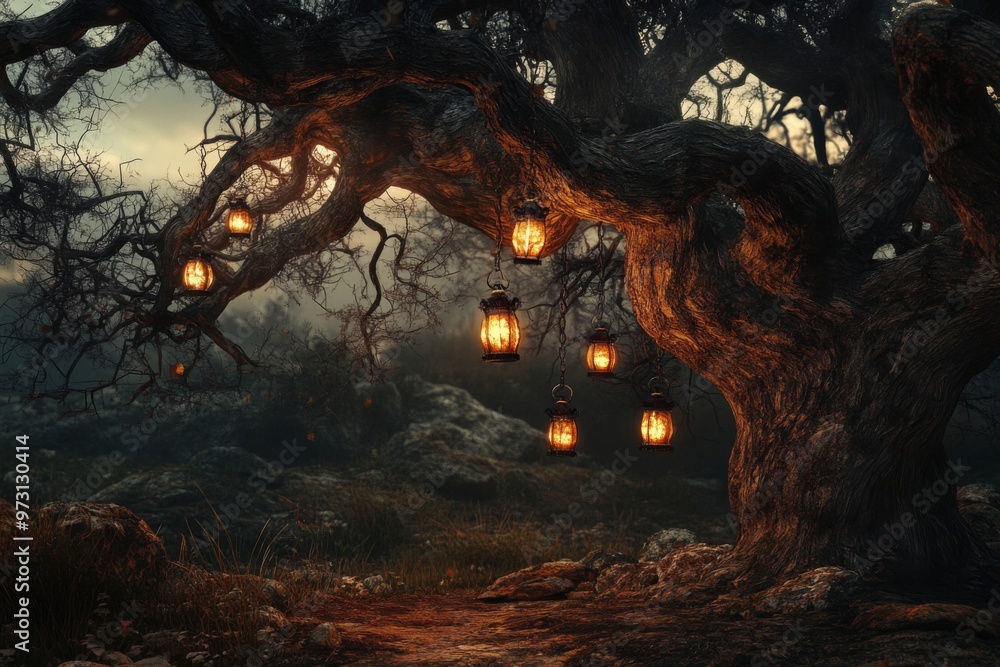 Poster enchanted tree with glowing lanterns in a mysterious forest