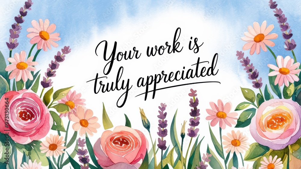 Sticker Beautiful Floral Card Featuring Appreciation Quote: Your work is truly appreciated