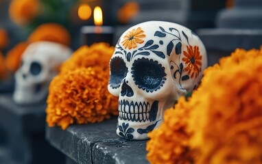 Colorful decorated skull with marigold flowers, symbolizing Dia de los Muertos, a vibrant celebration of life and death.