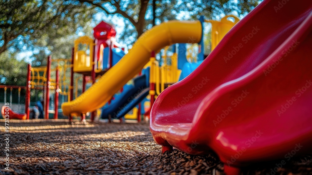 Poster a vibrant playground featuring colorful slides and play structures for children's recreation.