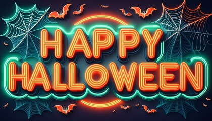 Spooky Retro Neon Sign Style: "Happy Halloween" in a vintage neon sign style with glowing orange and green letters. The text is surrounded by bats, spiders, and cobwebs
