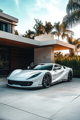 High-end sports car with sleek lines parked in front of a modern mansion