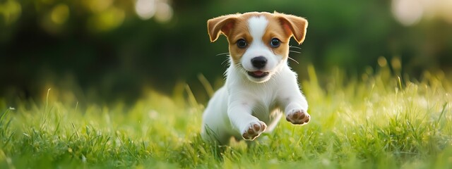 A playful puppy running joyfully across a sunny green lawn on a warm afternoon, capturing the essence of innocence and curiosity