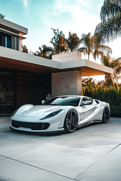 High-end sports car with sleek lines parked in front of a modern mansion