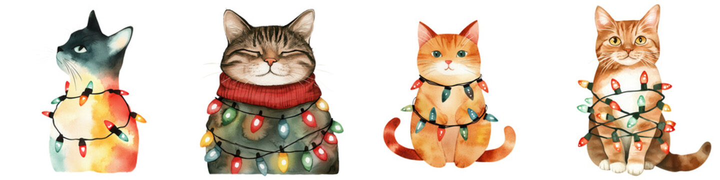 Adorable cats decorated with colorful Christmas lights, perfect for holiday themes and festive designs.