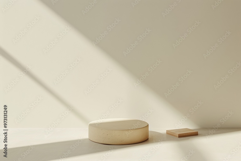 Poster minimalist beige podium on soft white background with sleek shadows and diffused natural lighting