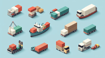 Obraz premium Cargo shipping and logistics icon set, including ship and truck.