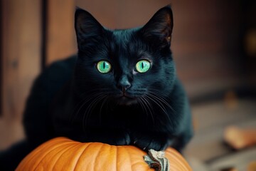 Black Cat with Green Eyes Sitting on a Pumpkin