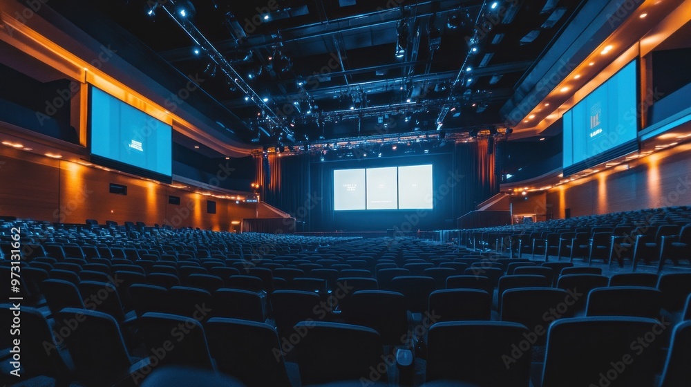 Poster a spacious auditorium with rows of seats facing a large screen, ready for an event.
