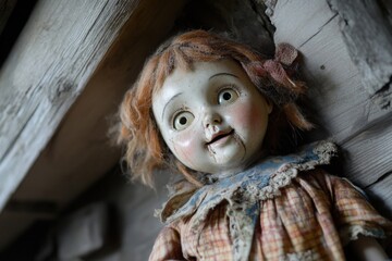 Close-up of a vintage porcelain doll with damaged face and worn clothing.