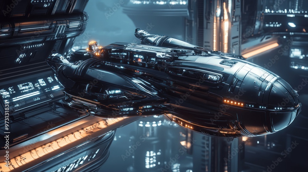 Poster a futuristic spaceship docked in a high-tech space station environment.