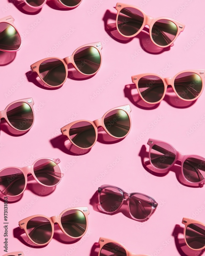 Poster aerial view of symmetrically arranged neon pink eyewear on textured background, captured with bright