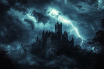 Naklejka premium Dark Castle Silhouetted Against Stormy Sky with Lightning
