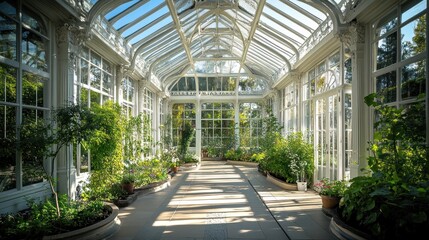 A bright, airy conservatory filled with various plants and natural light.