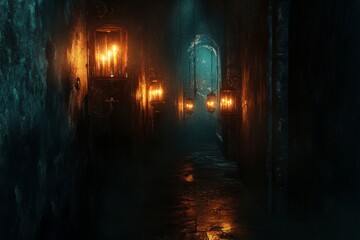 Naklejka premium A dark, mysterious hallway with flickering candlelight in ornate lanterns.
