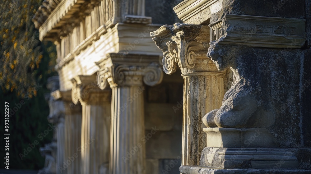 Aufkleber ancient stone columns and sculptures showcasing classical architecture and design.