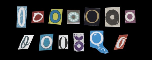 Set of cut-out letter “O” from magazines on a black background, retro y2k style
