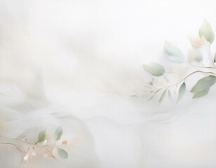 Obraz premium Subtle botanical illustration featuring delicate green leaves and branches on a soft, textured white background with an airy feel.
