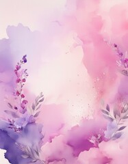Dreamy watercolor painting with soft pink and purple tones, featuring delicate flowers and leaves on an abstract pastel background.